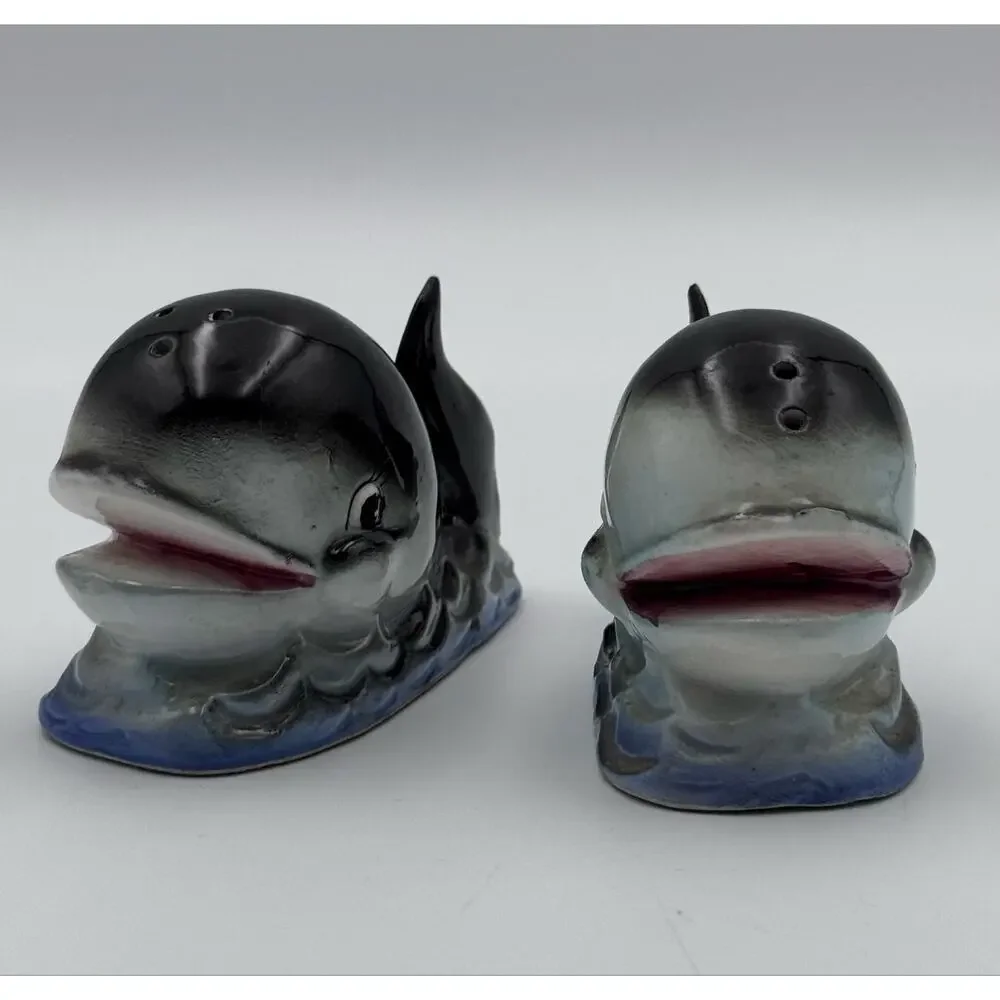 Vintage Anthropomorphic Whale Salt & Pepper Shaker Set Japan Ceramic